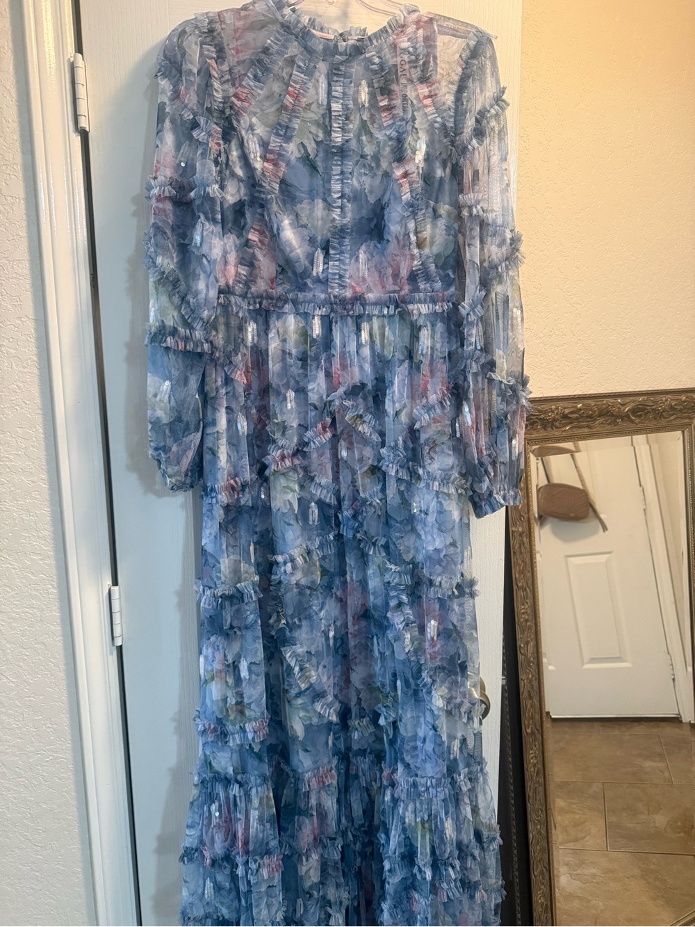 Mac Duggal Blue Floral Ruffle Maxi Dress